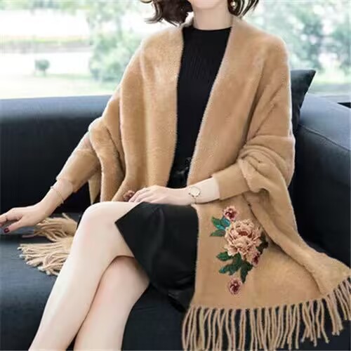Imitation Mink Embroidery Qipao Shawl Outer Cardigan Women Ethnic Style Mother Red Dress Sleeve Cape Cape Coat