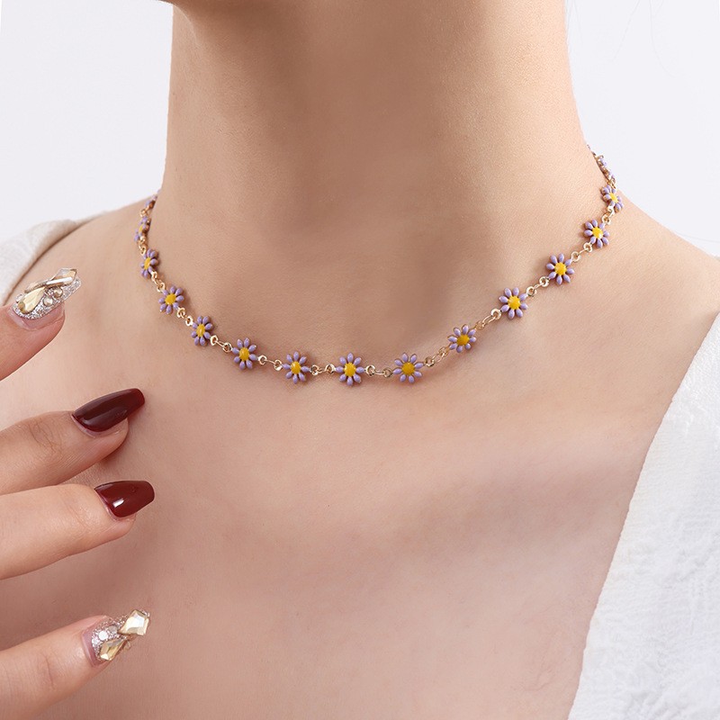 Rongshang Colorful Little Daisy Necklace for Women Flower Clavicle Chain Bohemian Style Chrysanthemum Necklace Accessory