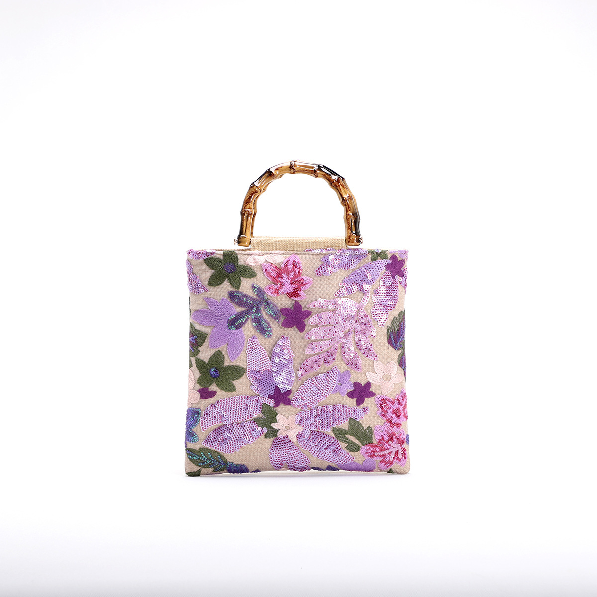 New Linen Bamboo Knot Handle Bag 2024 New Women's Bag Embroidery Sequins Women's Handbag Evening Bag