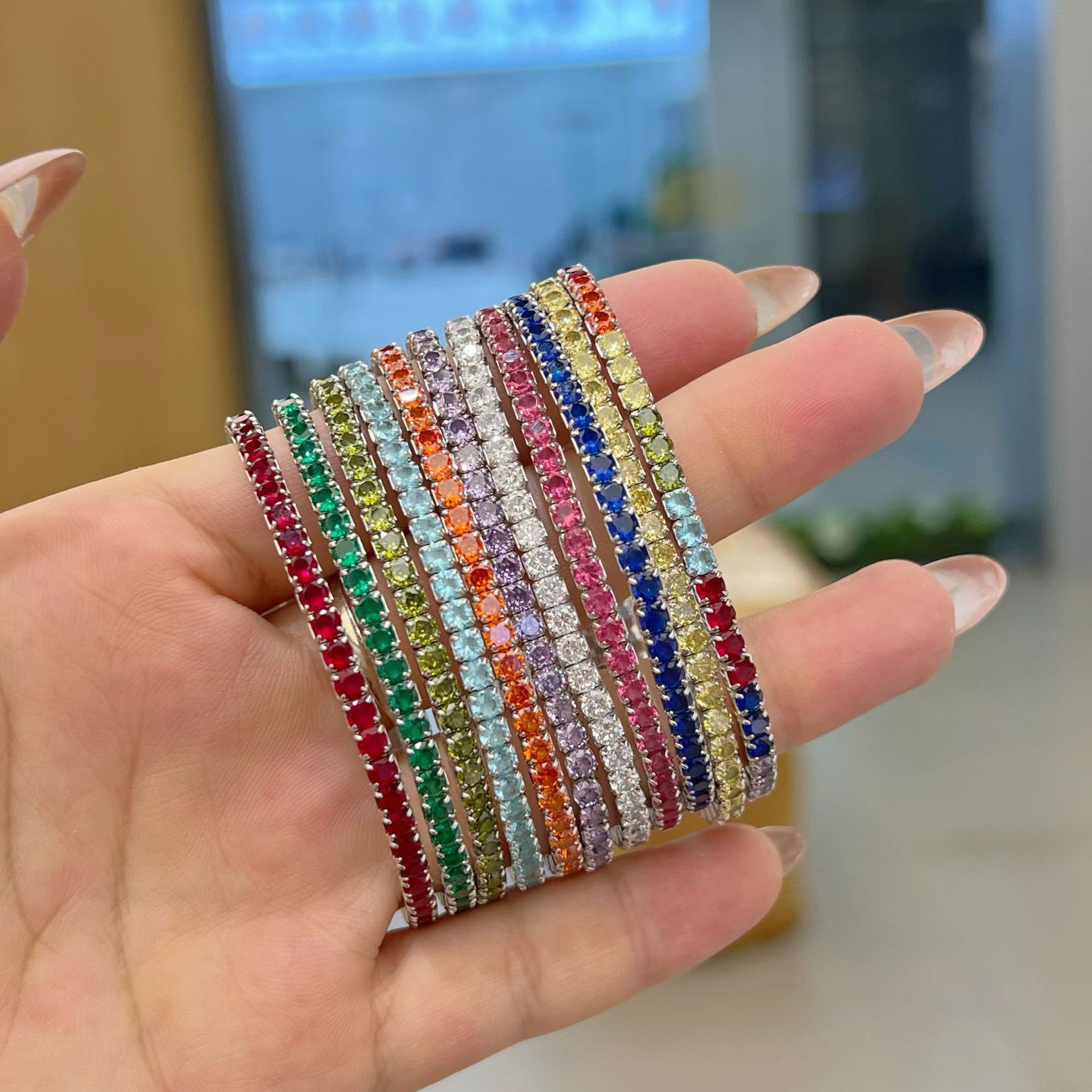 Live S925 sterling silver tennis bracelet for women, colorful zircon elastic rope full diamond banquet hand accessories wholesale