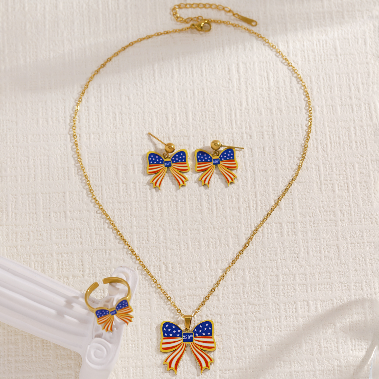 250th Anniversary American Independence Day Commemorative Brooch Earrings Ring Necklace Women's Bow Pendant Collarbone Chain Jewelry