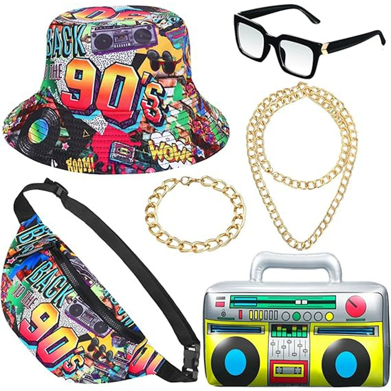 Hip Hop Punk Elvis Sunglasses 18k Gold Plated Dollar Bill Necklace Fisherman Hat Accessory Set
