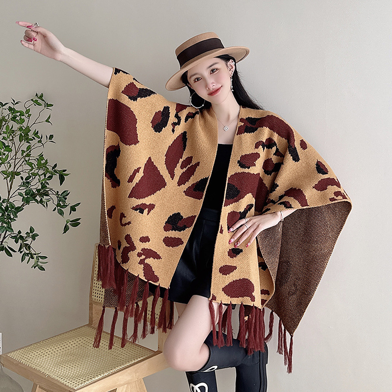 2023 Autumn Winter New Ethnic Style Tassel Shawl Cape Cape Outer Wear Jacquard Loose Knitted Cardigan Coat Women