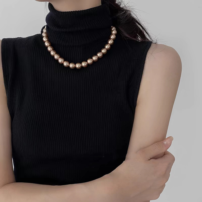 Swarovski Champagne Color Pearl Necklace for Women, Small Clavicle Chain, Sweater Chain, Neck Chain Elegant