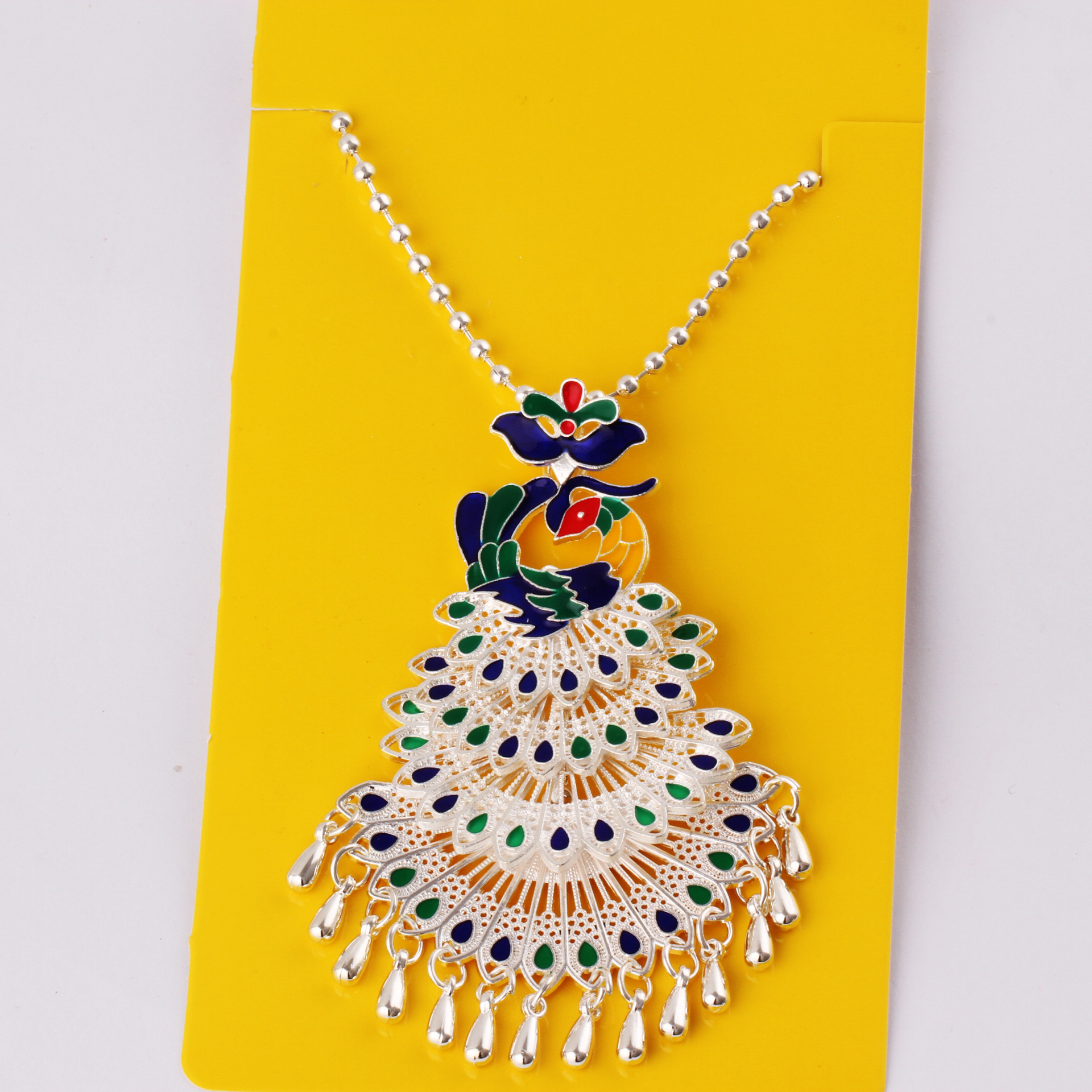 Ethnic style Miao silver sweater chain women butterfly peacock flower long necklace set exhibition imitation silver jewelry