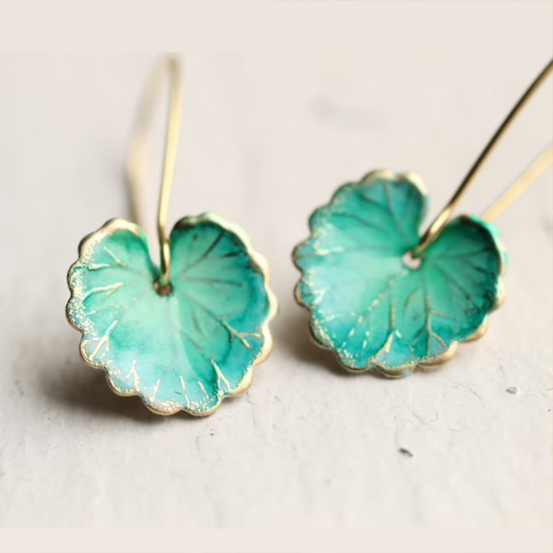 Jewelry Bohemian Style Lotus Leaf Long Earrings Green Leaf Earrings Women Earrings