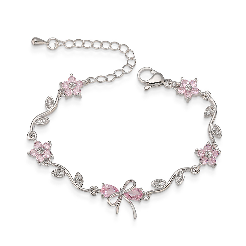 Copper Inlaid Colorful Diamond Branch and Five-Petal Flower Bracelet, Necklace, Earrings, and Bowknot Flower Set