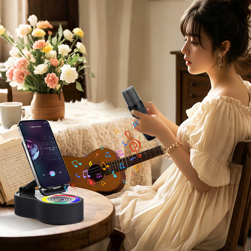 Five-in-one microphone K-song phone holder power bank Bluetooth small speaker mini portable atmosphere light audio
