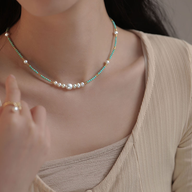Natural freshwater pearl turquoise bead necklace for women, summer niche collarbone neck chain accessory
