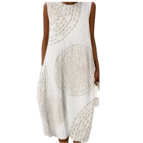 2026 New Sleeveless Printed Dress Beach Vacation Loose Mid Length Round Neck Dress Seaside Vacation Dress