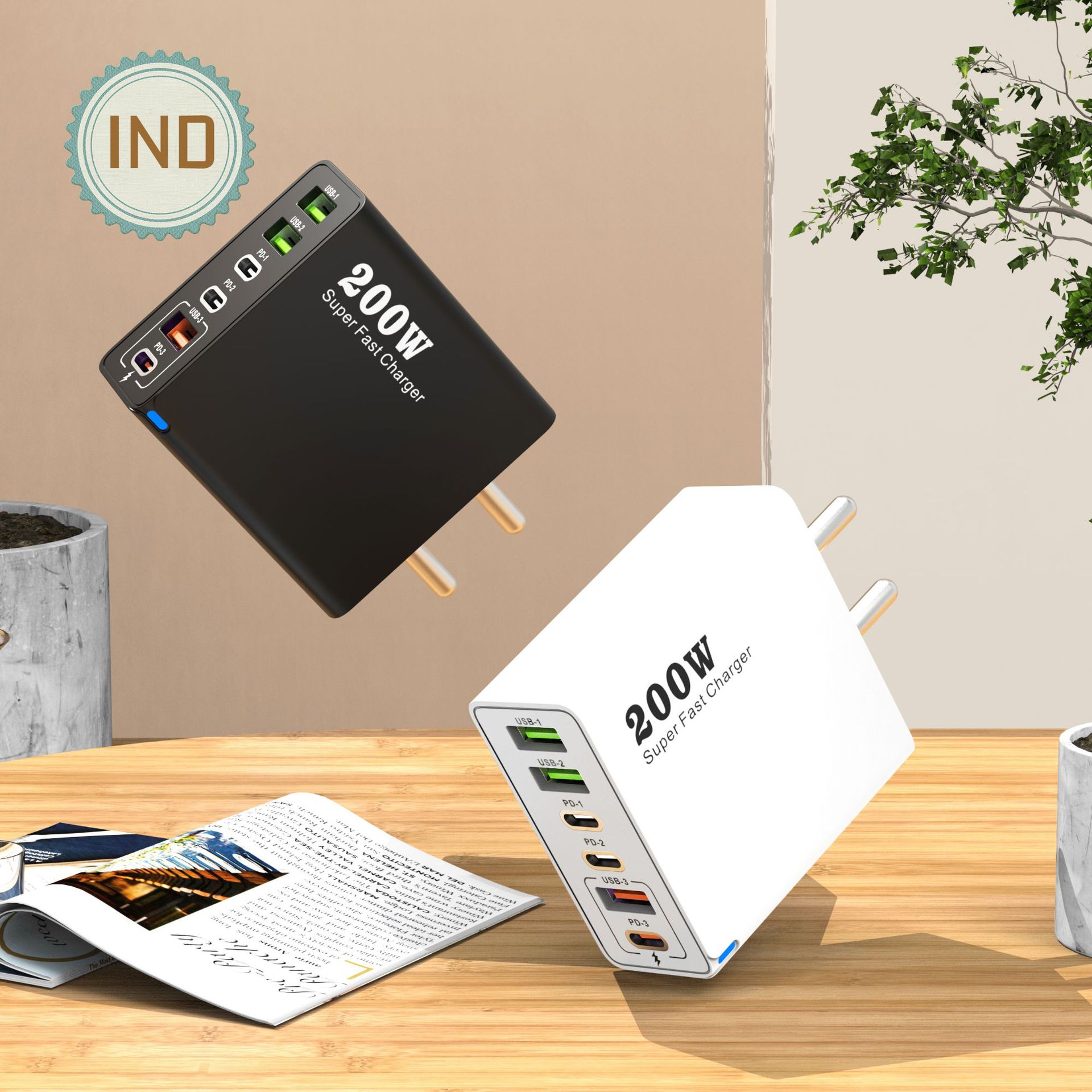 New 200W Multi-Port Charger 3USB+3PD 6-in-1 for Mobile Phones, Australian/Indian/UK Standard Fast Charging Head 5V