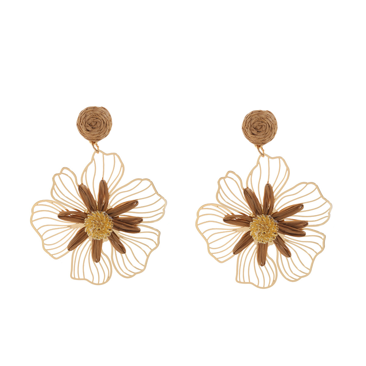 2026 spring summer raffia handmade woven hollow three-dimensional flower earrings for women beach vacation style