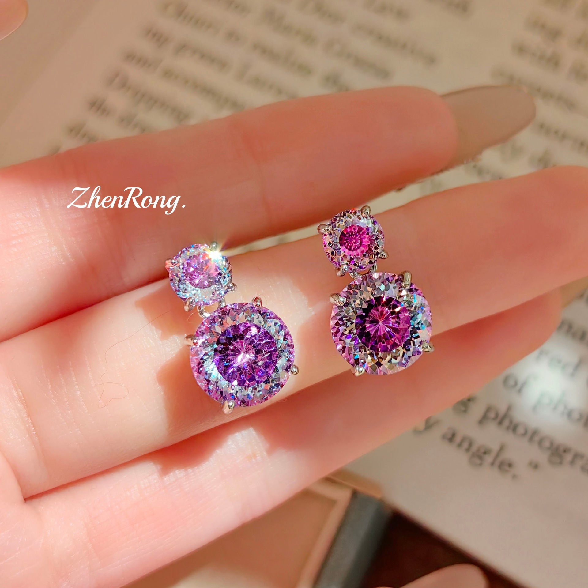 炫彩 pink diamond color gem set brilliant fire cut Paraiba pendant open ring Tanzanite blue earrings women copper