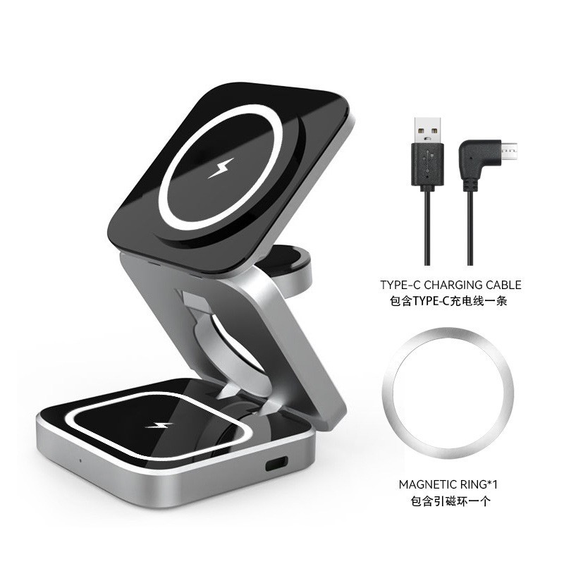 Three-in-one magnetic wireless charger phone fast charging foldable stand earphone watch wireless charger