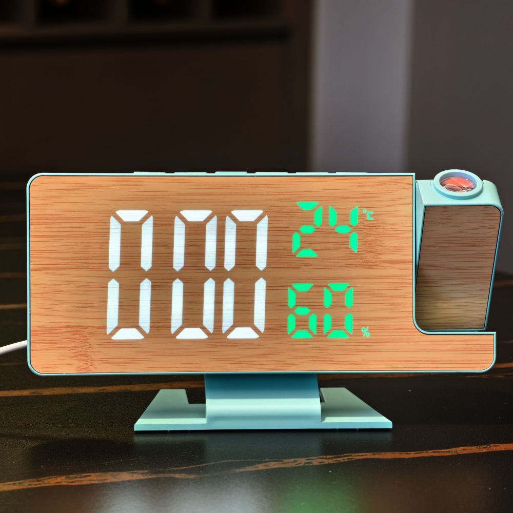 Modern Simple LED Large Screen Projection Clock Desktop Digital Alarm Clock ABS Shell Bamboo Surface Temperature and Humidity Display