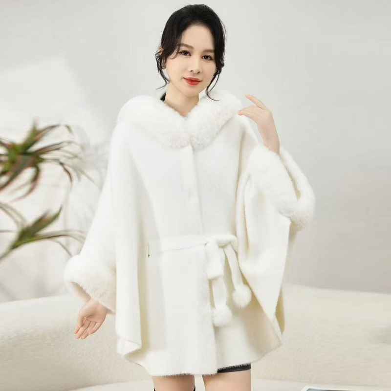 830# Autumn Winter Large Fur Collar Imitation Mink Hood Belt Shawl Knitted Cardigan Coat Cape