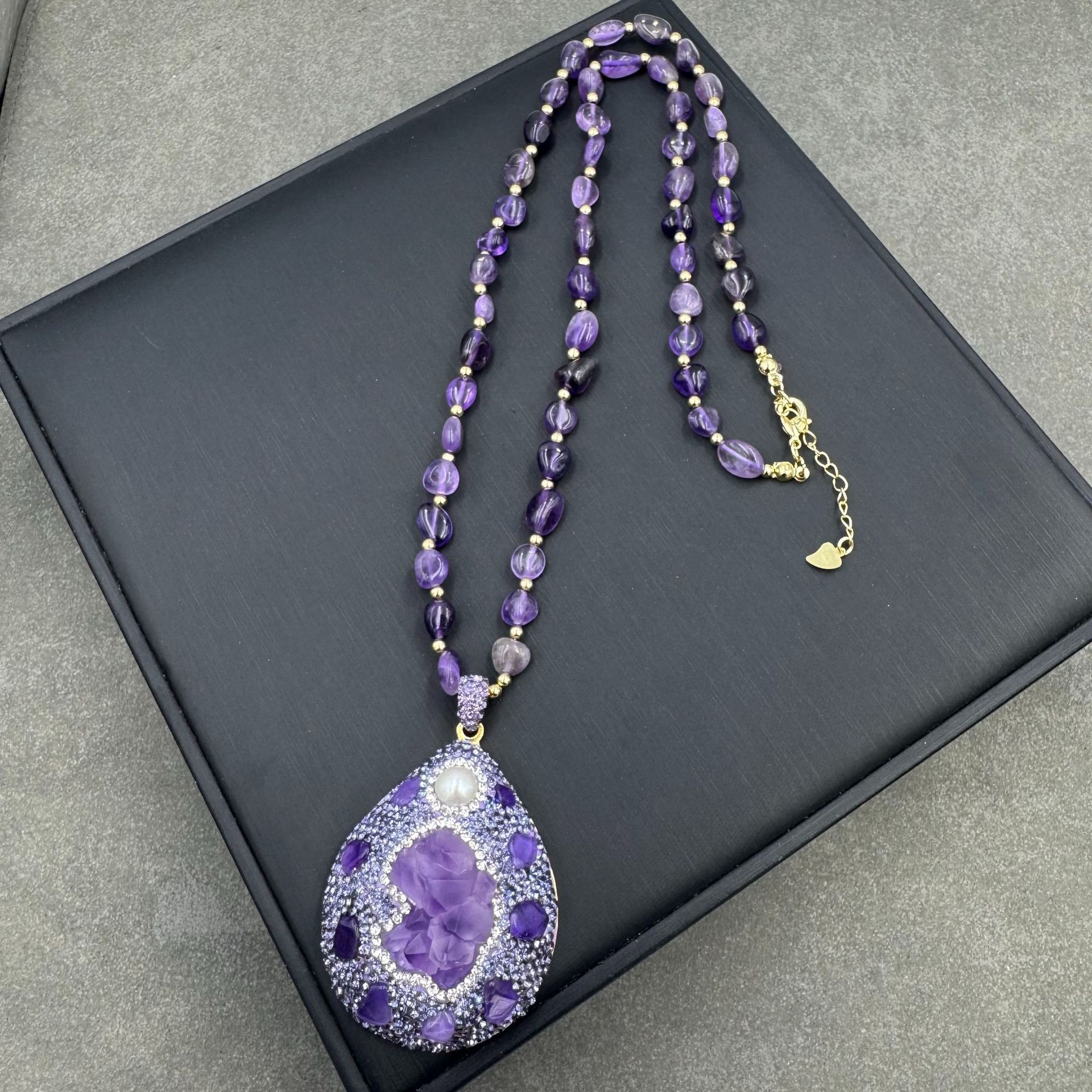 Natural Raw Stone Amethyst Necklace Czech Diamond Inlay Four-Piece Set Niche Raw Ore Accessories Live Stream Wholesale