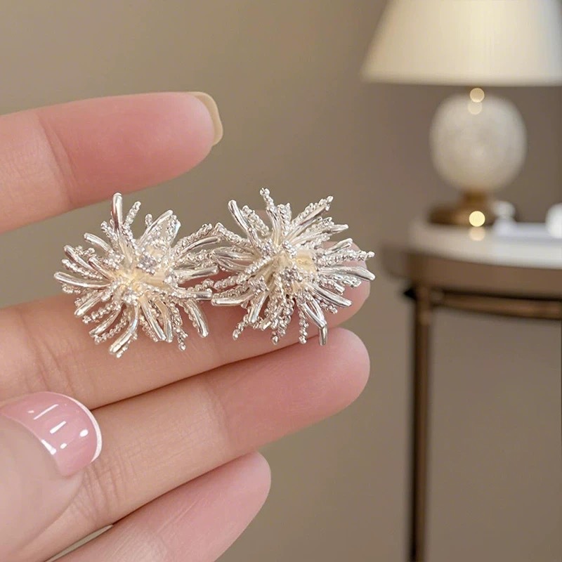 Silver dandelion ear studs women unique exaggerated earrings ear accessories