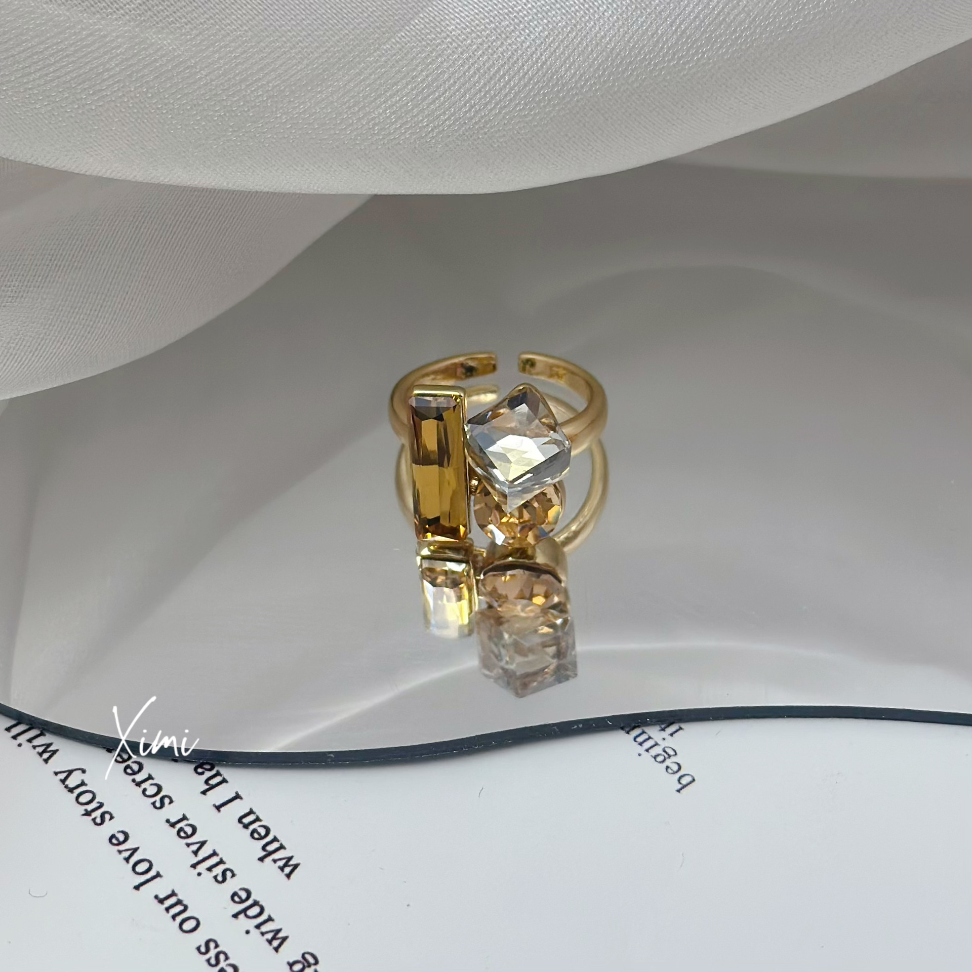 Rhinestone Square Open Ring Niche Unique Index Finger Ring for Women