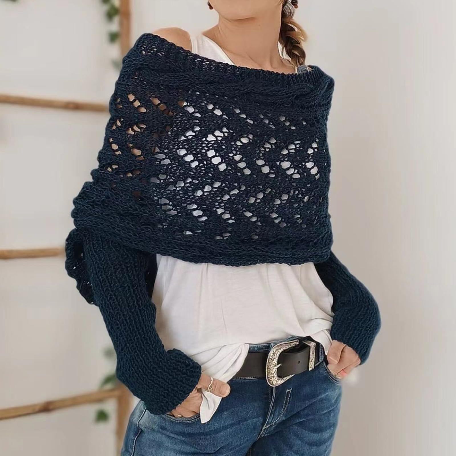 Cross off-shoulder beautiful knitted hollow long-sleeved double-sleeve shawl outer cardigan women