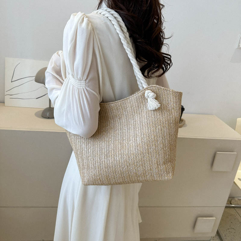 Handheld Straw Woven Bag Women Custom New Summer Woven Single Shoulder Bag Simple Bucket Casual Large Capacity Tote Bag