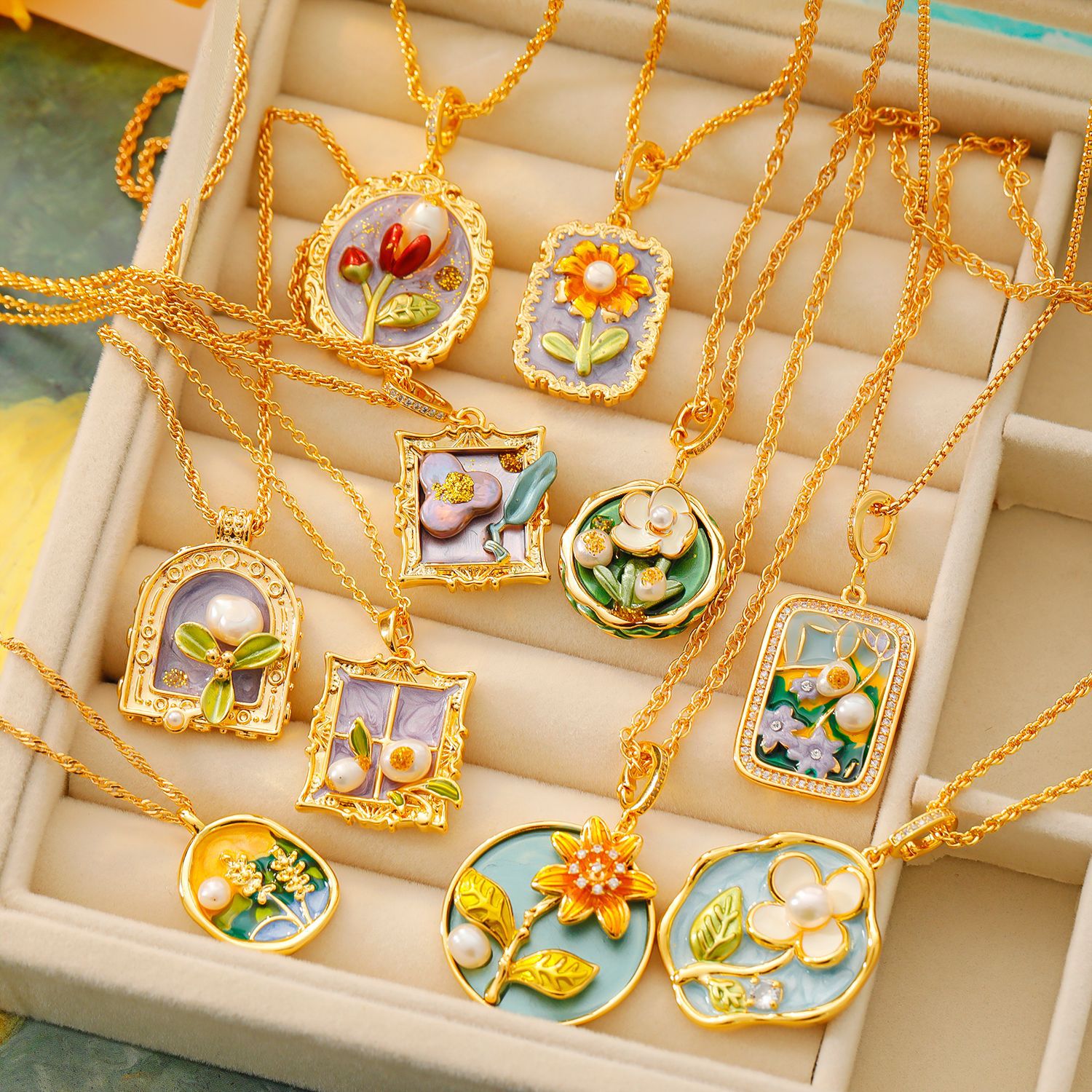 Monet Van Gogh Vintage Oil Painting Style Necklace Baroque Pearl Butterfly Petal Sweater Chain Pendant