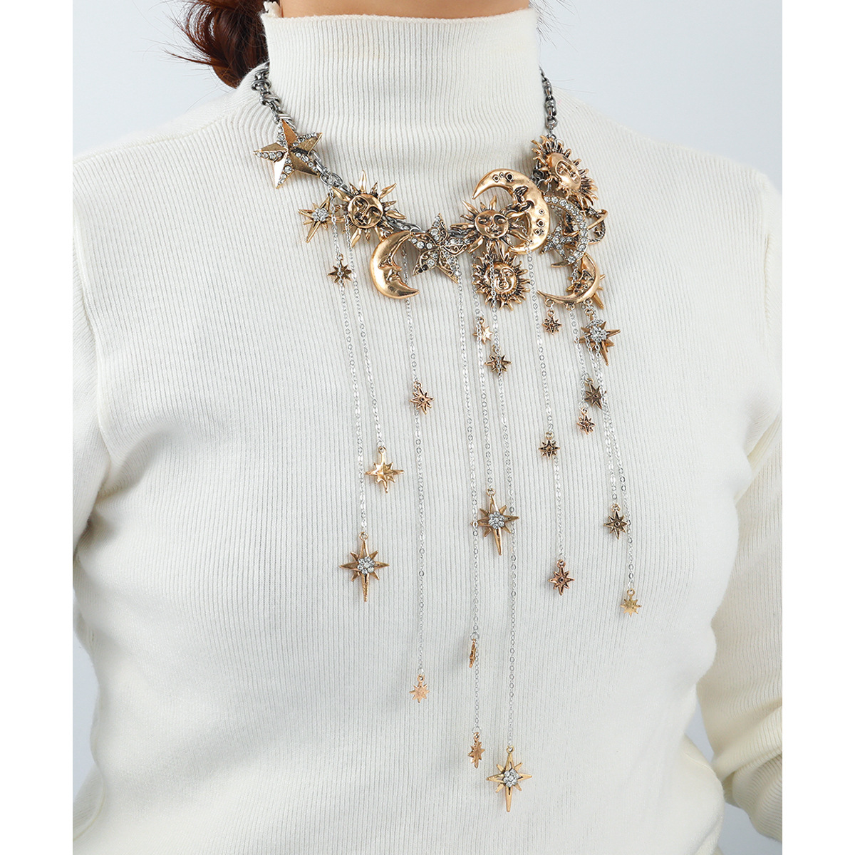 ZA exaggerated big brand multi-layer tassel pendant moon star sun full rhinestone necklace for women bohemian style