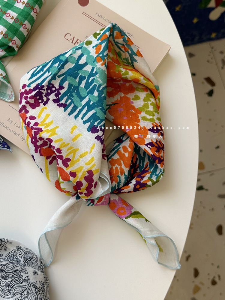 Self-retained soft square scarf with floral and polka dot cotton-linen decorative headscarf, fresh waist scarf