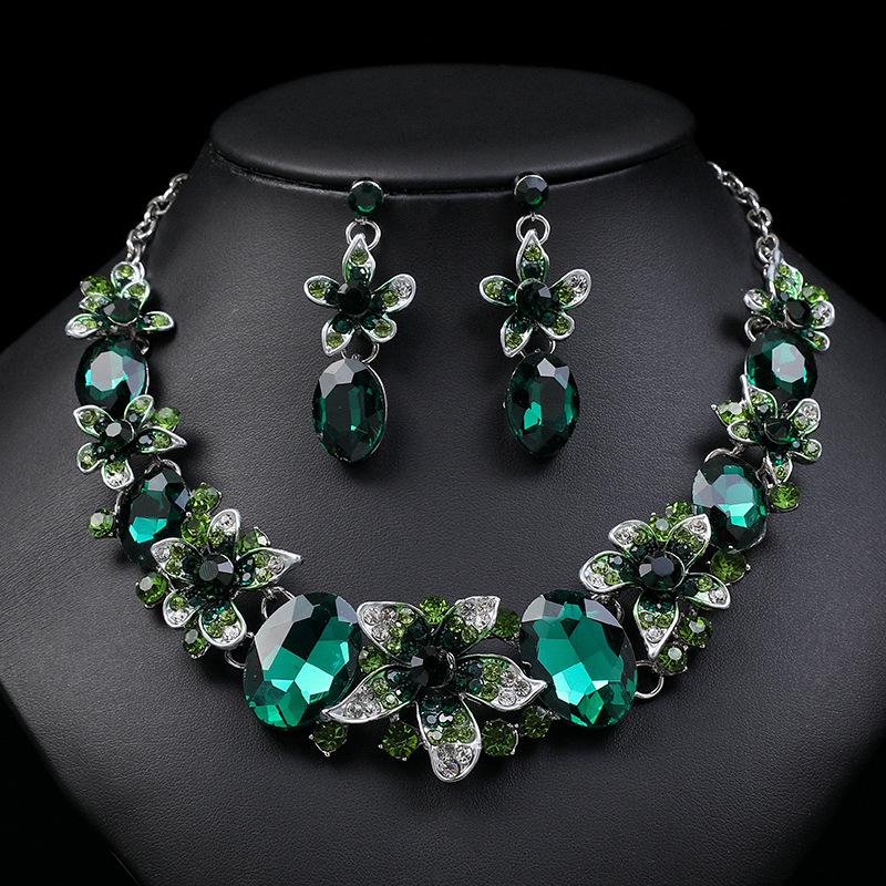Exaggerated Necklace Earring Two-Piece Crystal Colorful Oil Painting Jewelry Set Straight Hair