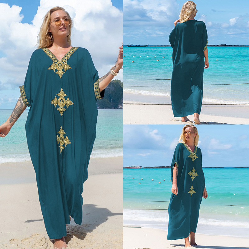 New Rayon Gold Embroidery Long Dress Beach Jacket Sun Protection Bikini Cover Up Swimsuit Outer Women