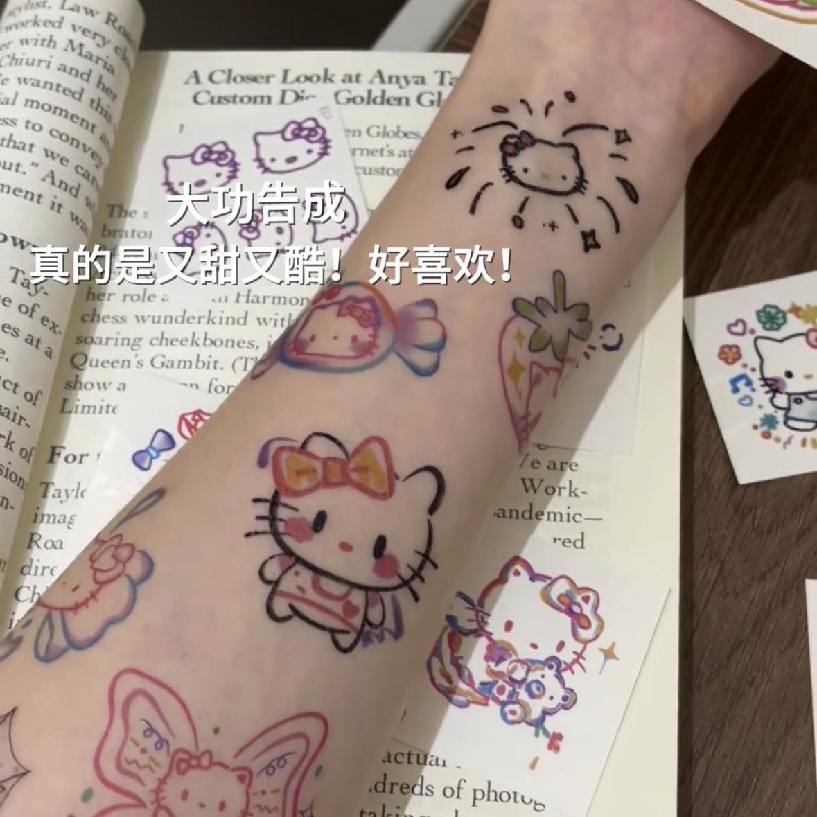 Dopamine Kitty Cat Tattoo Sticker Cute Cartoon KT Cat Hello Kitty Arm Sticker Bowknot