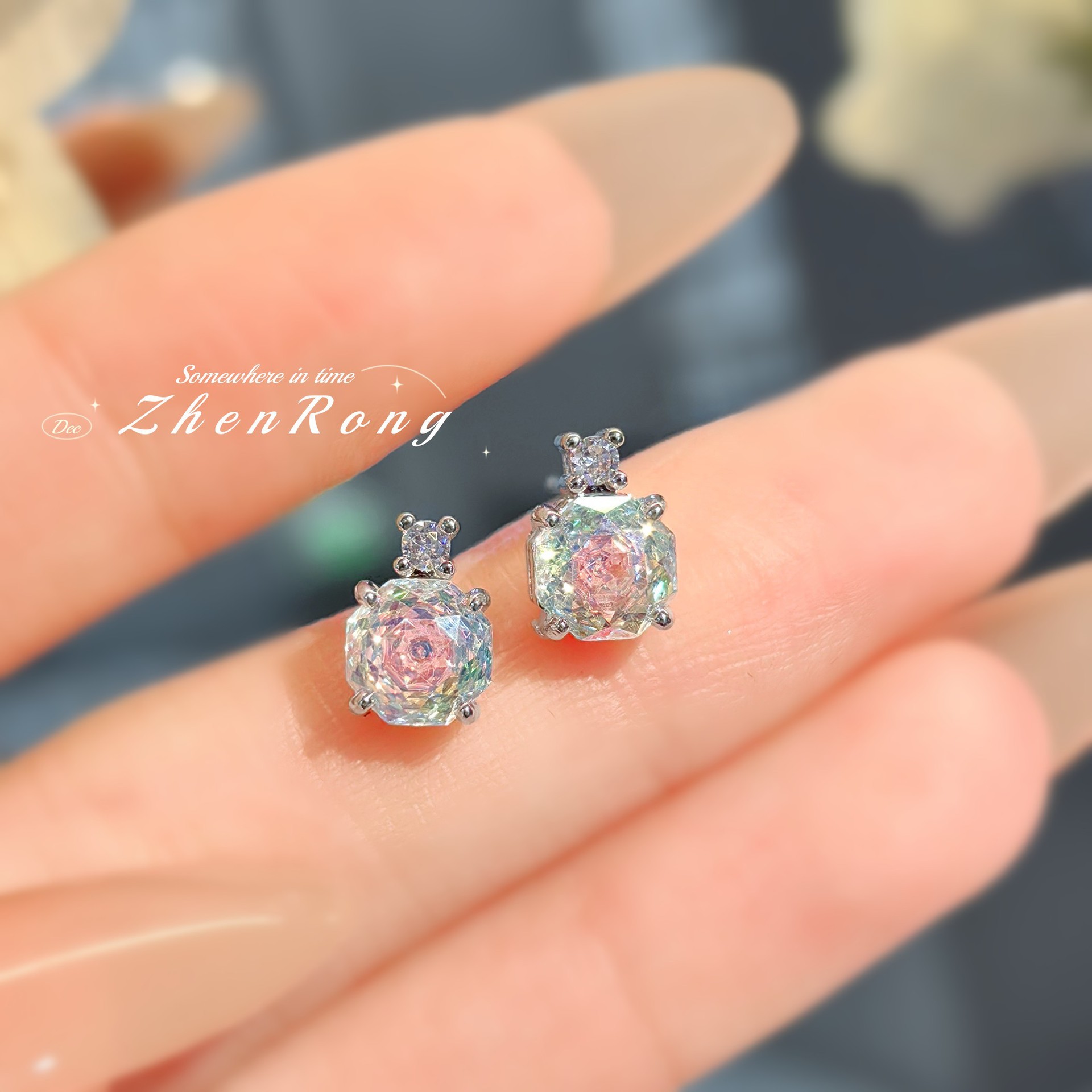 Octagonal millennium rose cut炫彩 necklace pendant inlaid with high carbon diamond Chinese red earrings color gem pink diamond ring women
