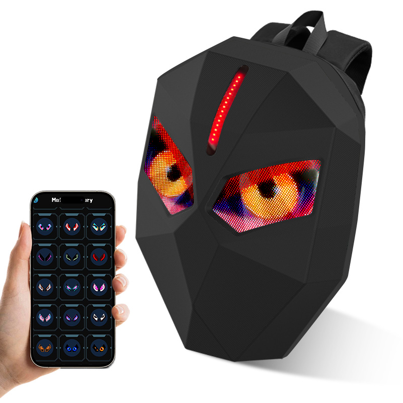 LED Rider Motorcycle Travel Backpack with DIY Glowing Eyes, Helmet Pouch, Waterproof, Unisex