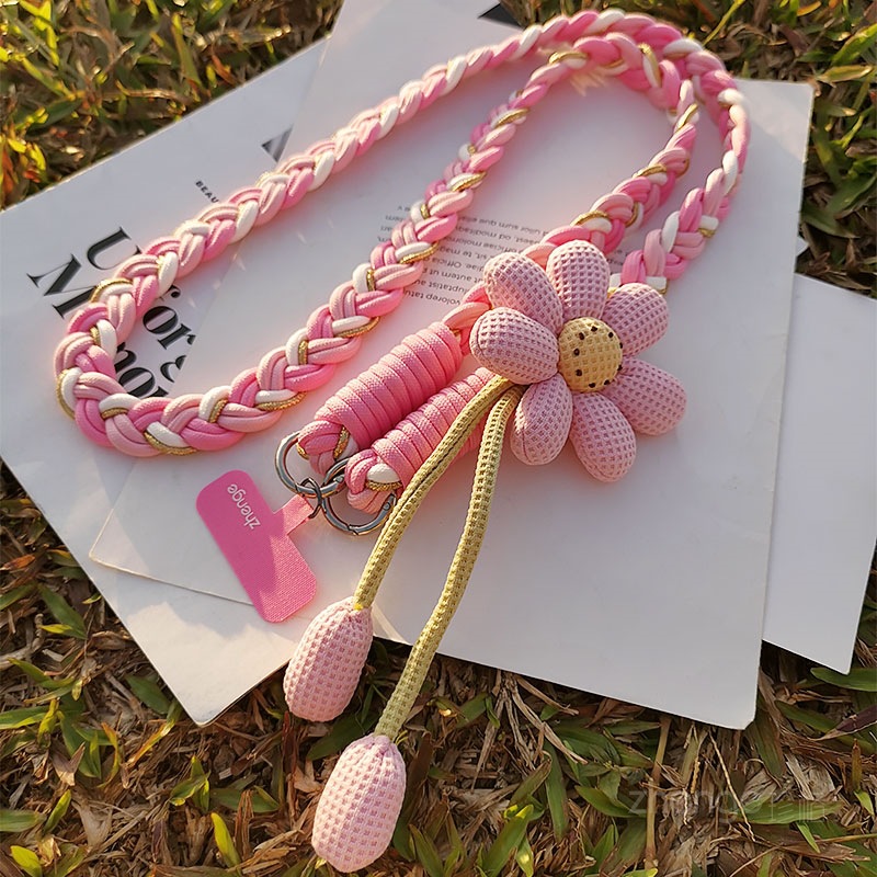 Phone strap crossbody wearable women's long flower handmade braided rope sturdy durable outdoor anti-loss rope