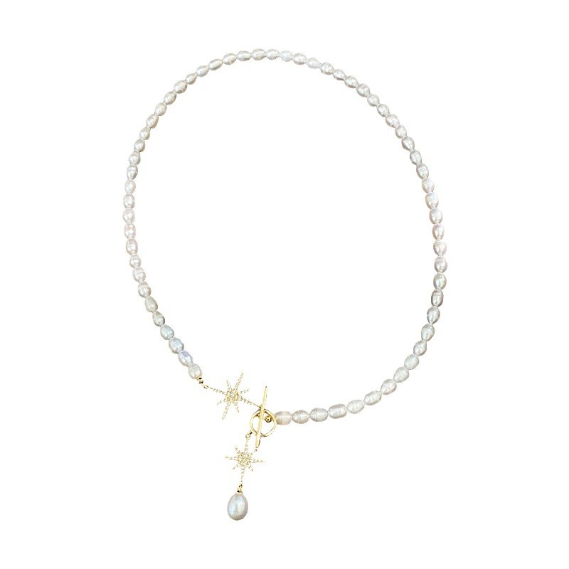 5-6mm natural freshwater pearl necklace with eight-pointed star OT clasp pendant necklace, exquisite sweater chain, collarbone chain