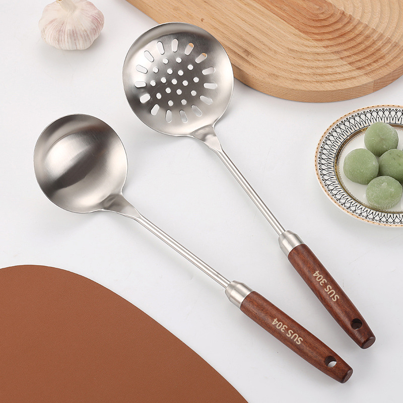 304 stainless steel spatula kitchenware set, wooden handle wok spatula, soup spoon, slotted spoon, kitchen tools