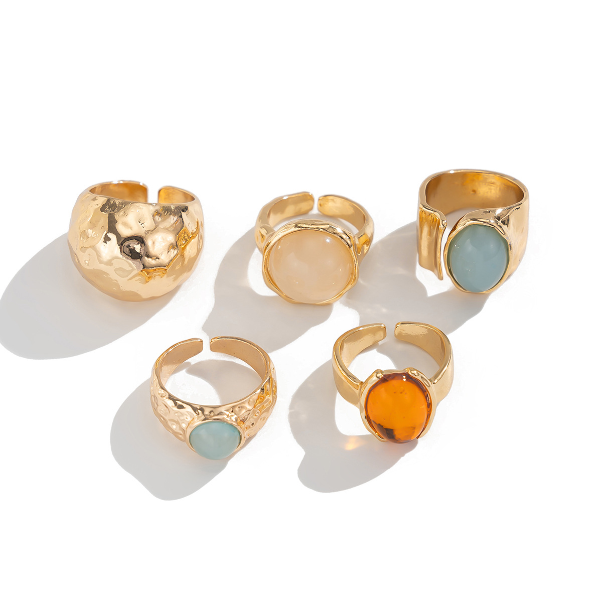 Layered gem ring set for women metal hammered texture open wide ring hand ornament
