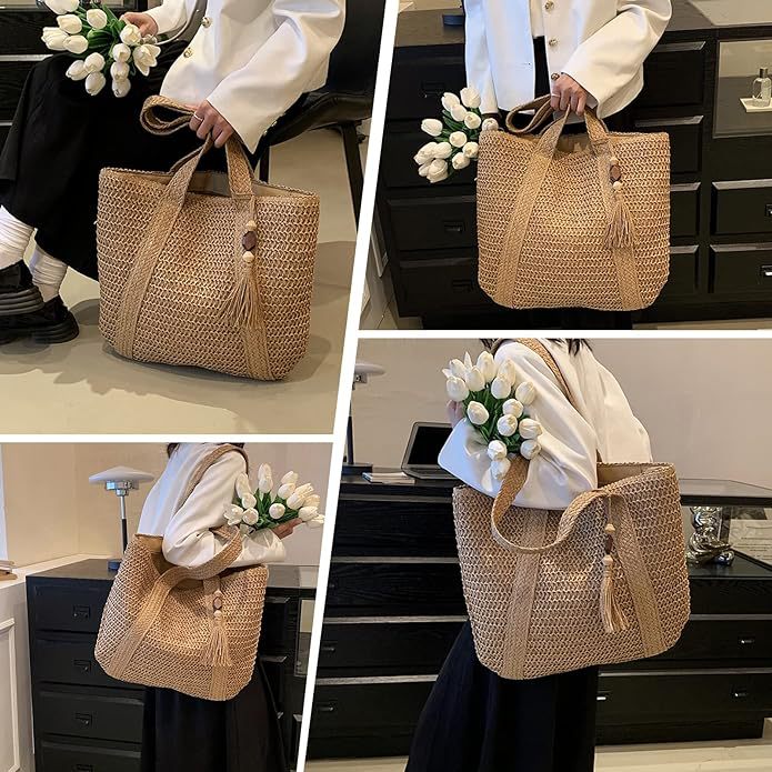 New Fringe Straw Bag Casual Woven Women's Bag Large Capacity Single Shoulder Tote Bag Women's Vacation Beach Bag Straw Bag