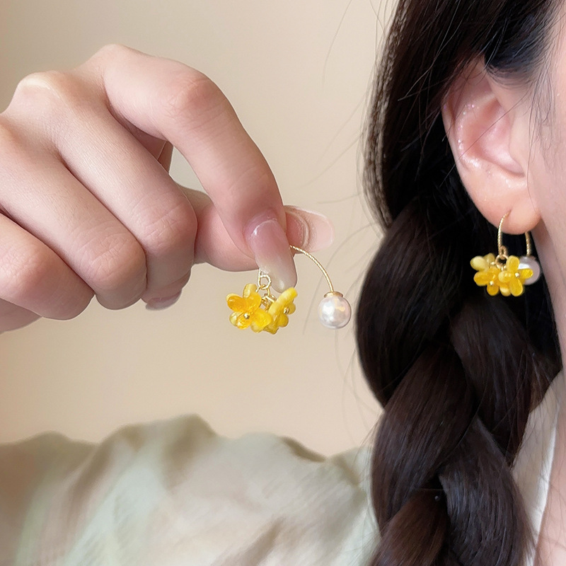 Golden autumn osmanthus long tassel flower forest sweet earrings ear hooks mosquito coil ear cuffs women