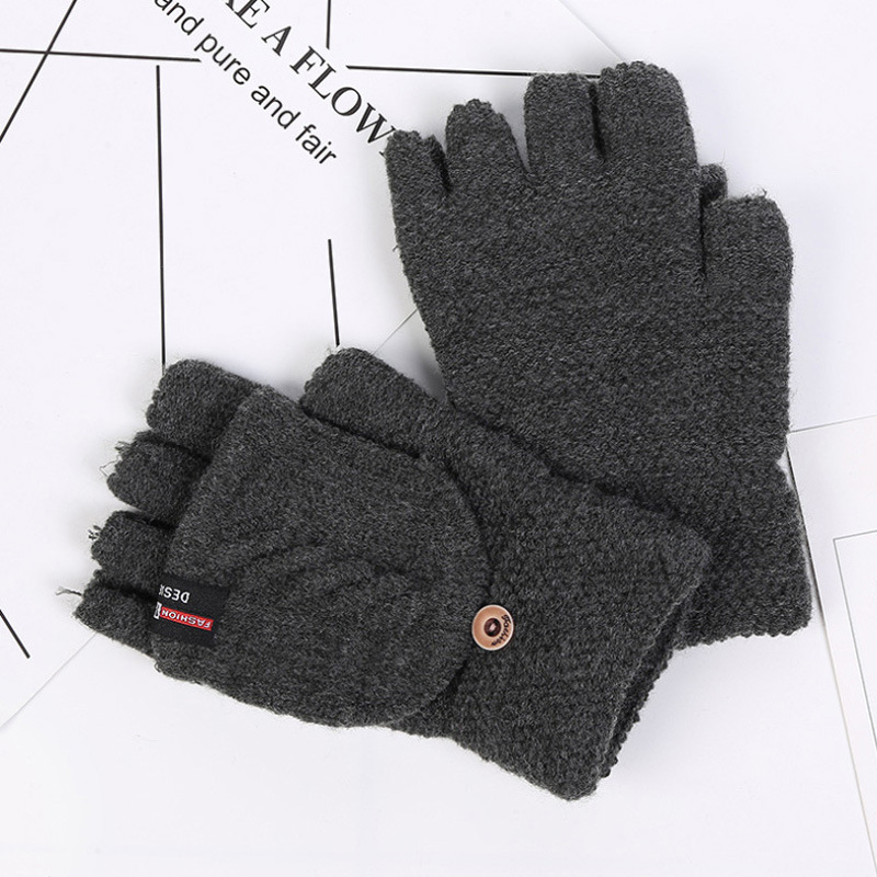 Gloves Men Winter Warm Cold-Proof Driving Cycling Finger-Exposed Flip-Top Gloves Knitted Yarn Half-Finger Gloves