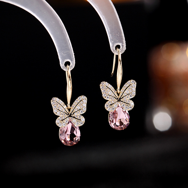 Zircon-Inlaid Blue Crystal Butterfly Ear Hooks Earrings Commute Niche Earrings