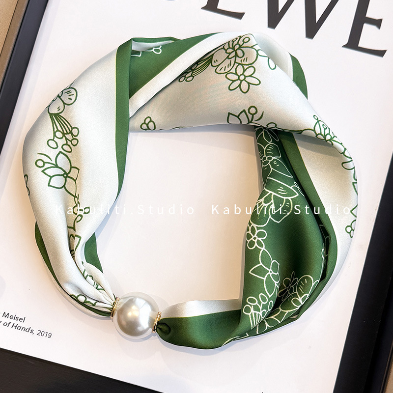 Magnetic buckle pearl necklace narrow small long strip silk scarf women neck protection mother matching shirt thin scarf