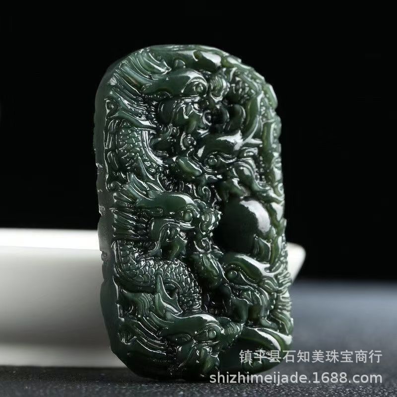 Xinjiang Tianyu Green Jade Dragon Pendant Domineering Man Double Sided Carving Zodiac Dragon Jade Pendant Live Broadcast