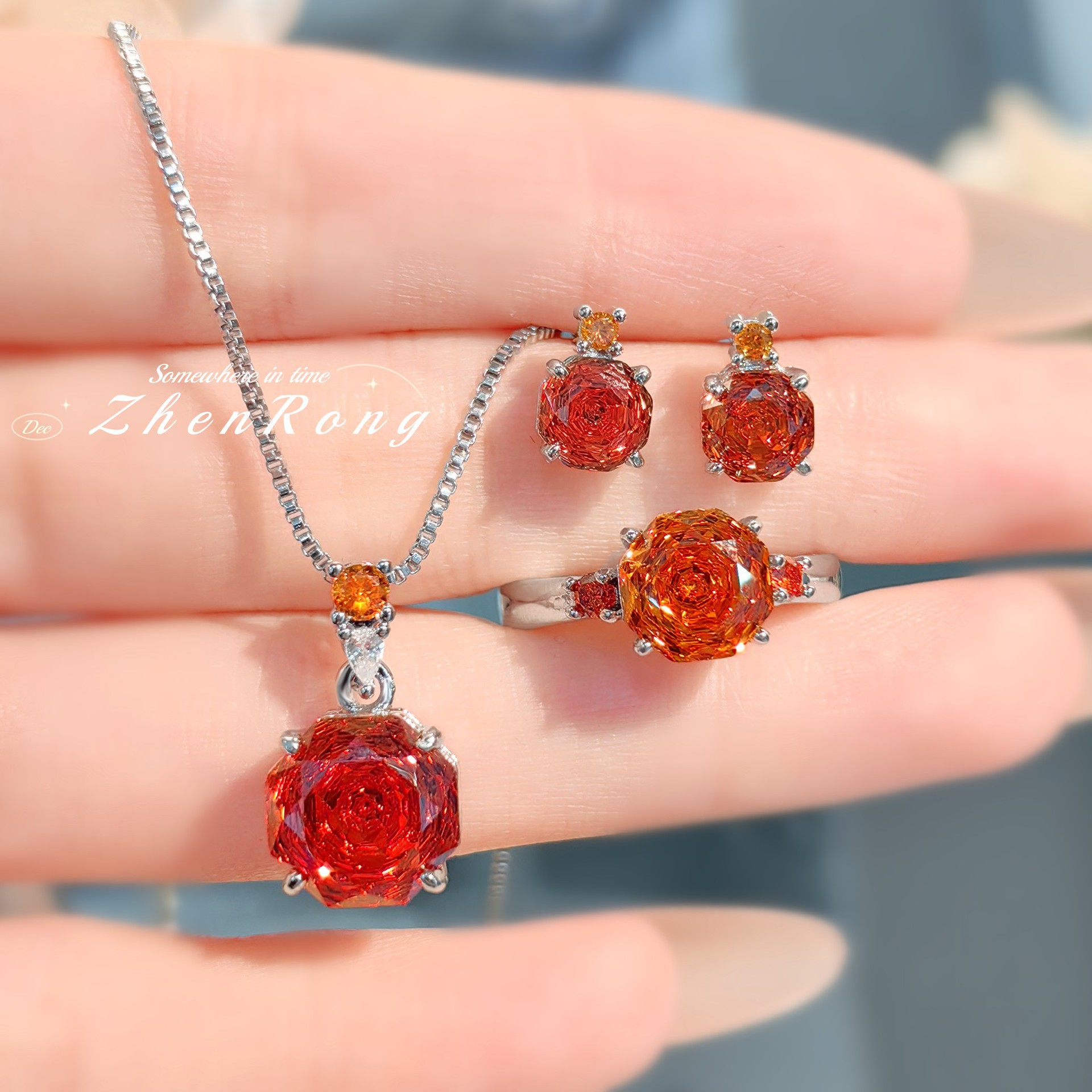 Octagonal millennium rose cut炫彩 necklace pendant inlaid with high carbon diamond Chinese red earrings color gem pink diamond ring women