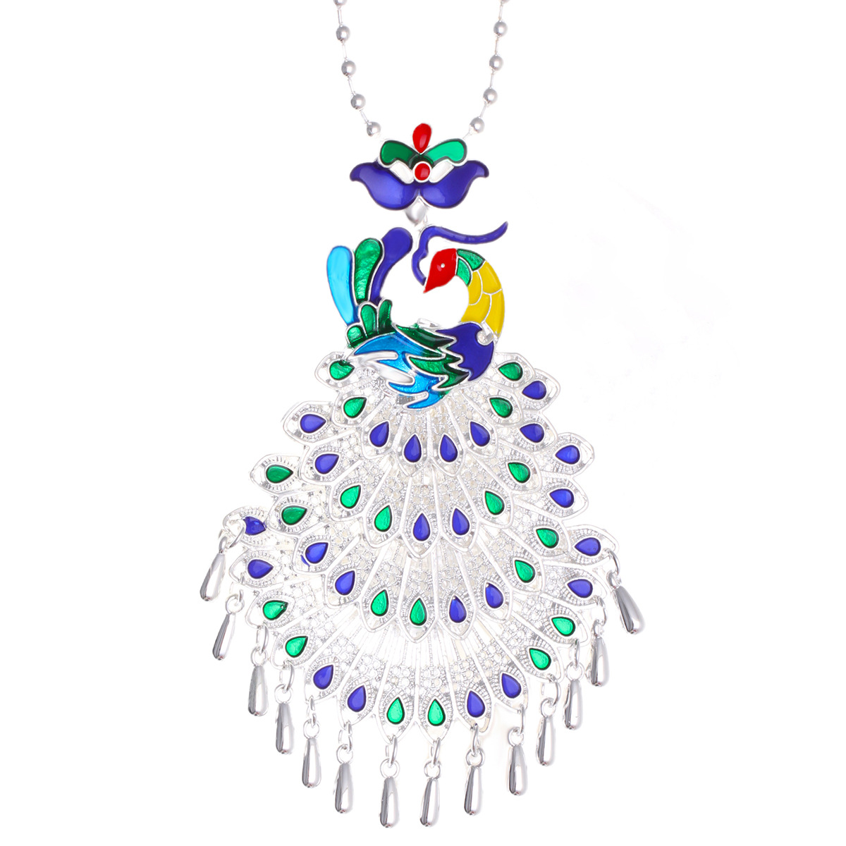 Ethnic style Miao silver sweater chain women butterfly peacock flower long necklace set exhibition imitation silver jewelry