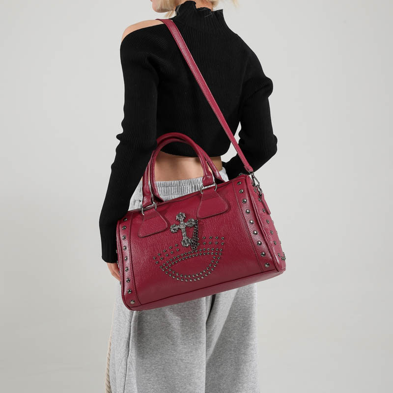 Large Capacity Punk Style Commuter Boston Cylinder Handheld Bag for Women Niche Rivet Shoulder Bag