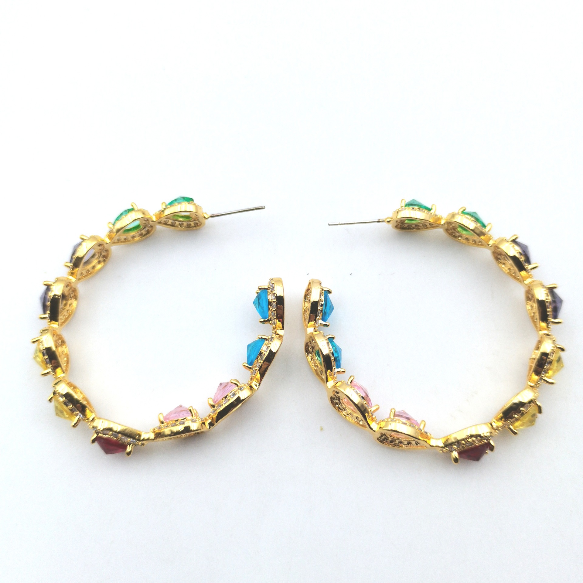 New heavy craft C-shaped colorful micro-set earrings S925 silver needle large earrings ear jewelry
