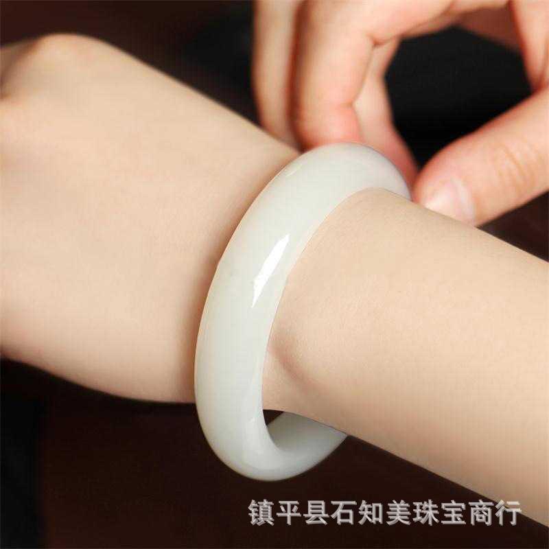 Xinjiang Outer Mongolia Material Tianyu Bracelet Green White Jade Flat Bar Woman High Imitation Jade Jade Bracelet Live Broadcast