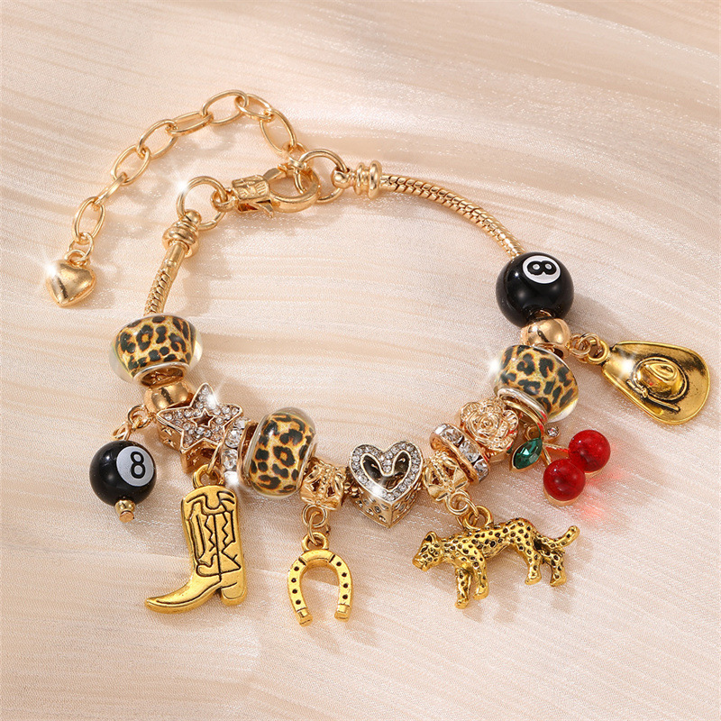 Bracelet DIY Beaded Bracelet Copper Inlaid Zircon Leopard Print Heart Pendant Black Eight Jewelry Accessory