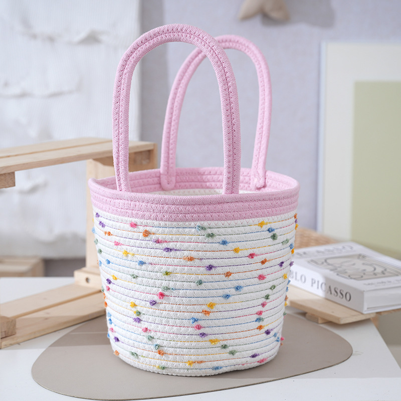 Dopamine Colorful Polka Dot Cotton Rope Woven Hand Basket Large Capacity Handheld Gift Woven Bag Picnic Storage Basket
